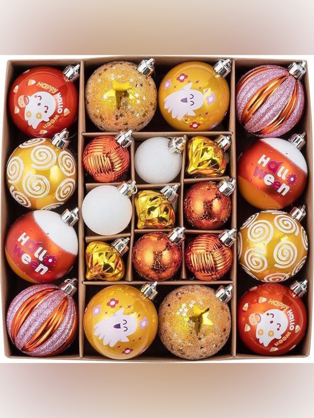 NEW 21Pc Small Halloween Orange, Gold & White Shatterproof Ornaments.